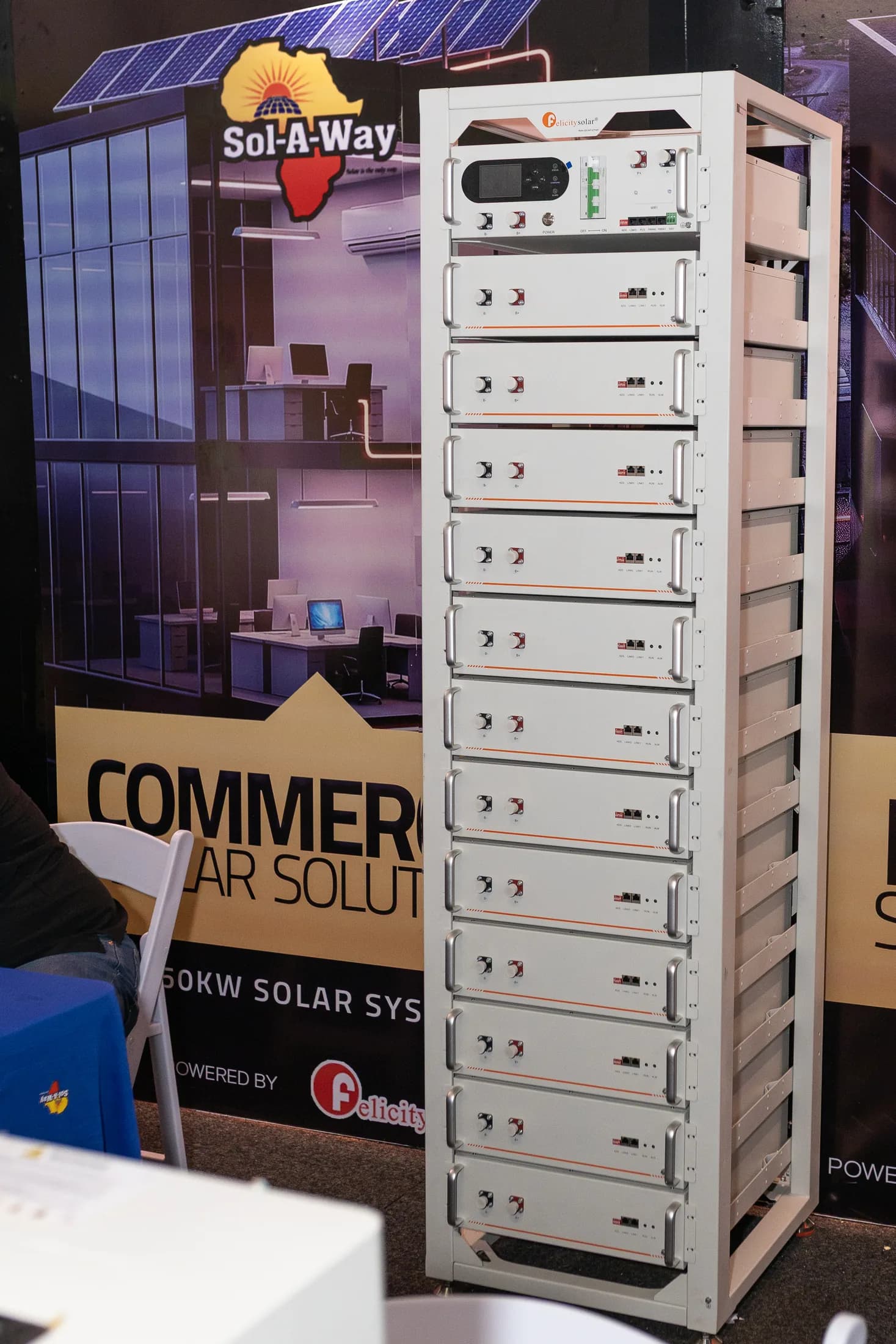 Rack-mounted high-voltage battery system on the Sol-A-Way stand