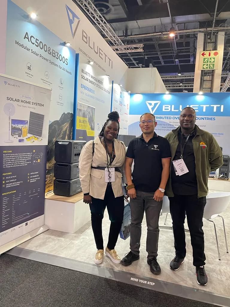 The Sol-A-Way team with a Bluetti representative at the Future Energy Show Africa in Sandton